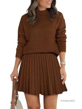 Two Piece Sweater Skirt Set Pleated Mini Skirt Mock Neck Long Sleeve